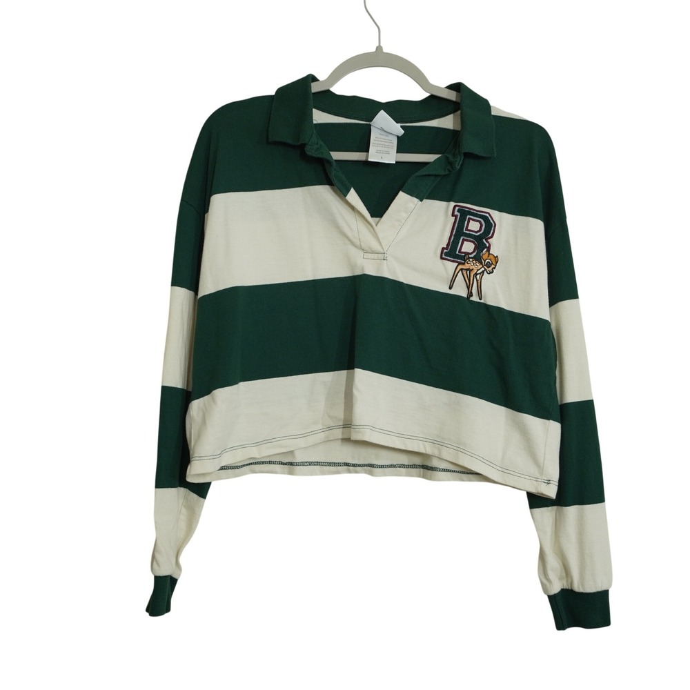 Disney Bambi Cropped Rugby Shirt Womens Large Green White Striped Long Sleeve